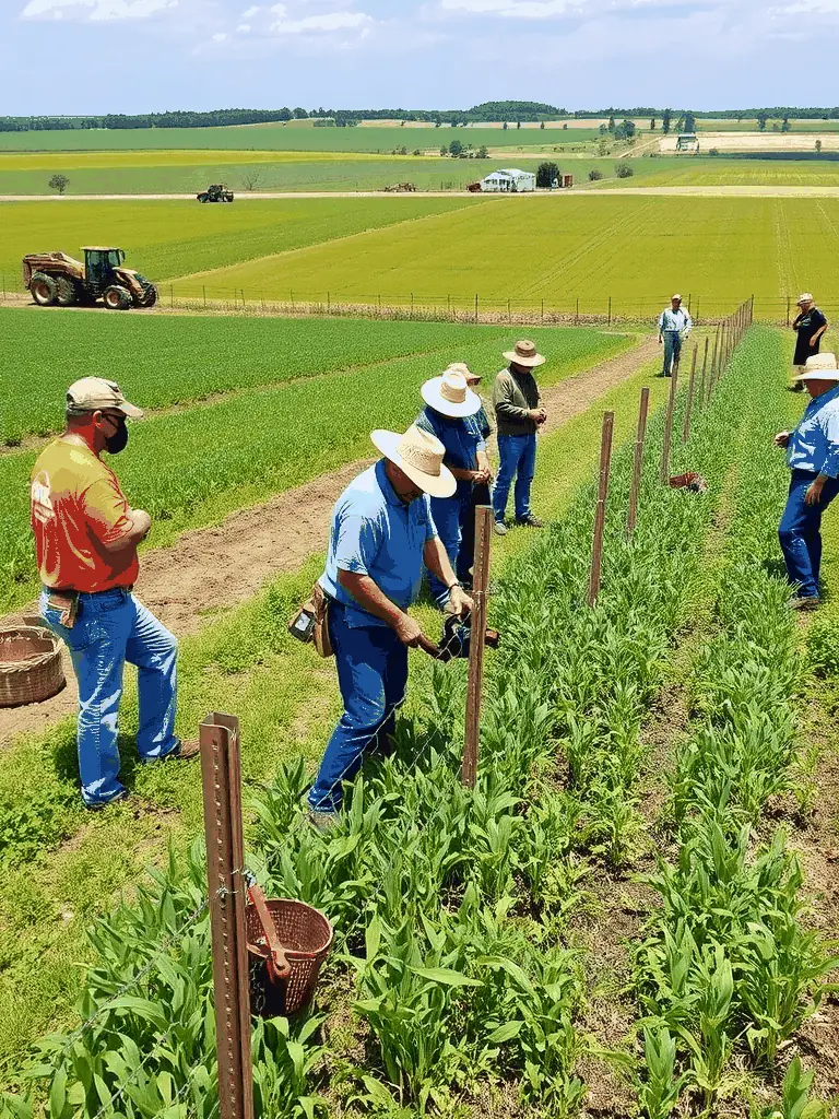 A photograph showing volunteers erecting protective fencing around a farmer's field to prevent crop damage by deer, illustrating the crop protection initiative.