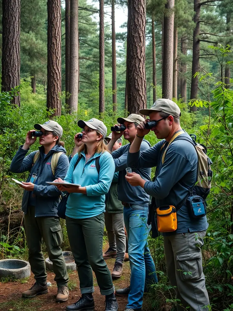 A photo of conservation officers patrolling a forest area with wildlife in the background, representing the Anti-Poaching Campaigns.