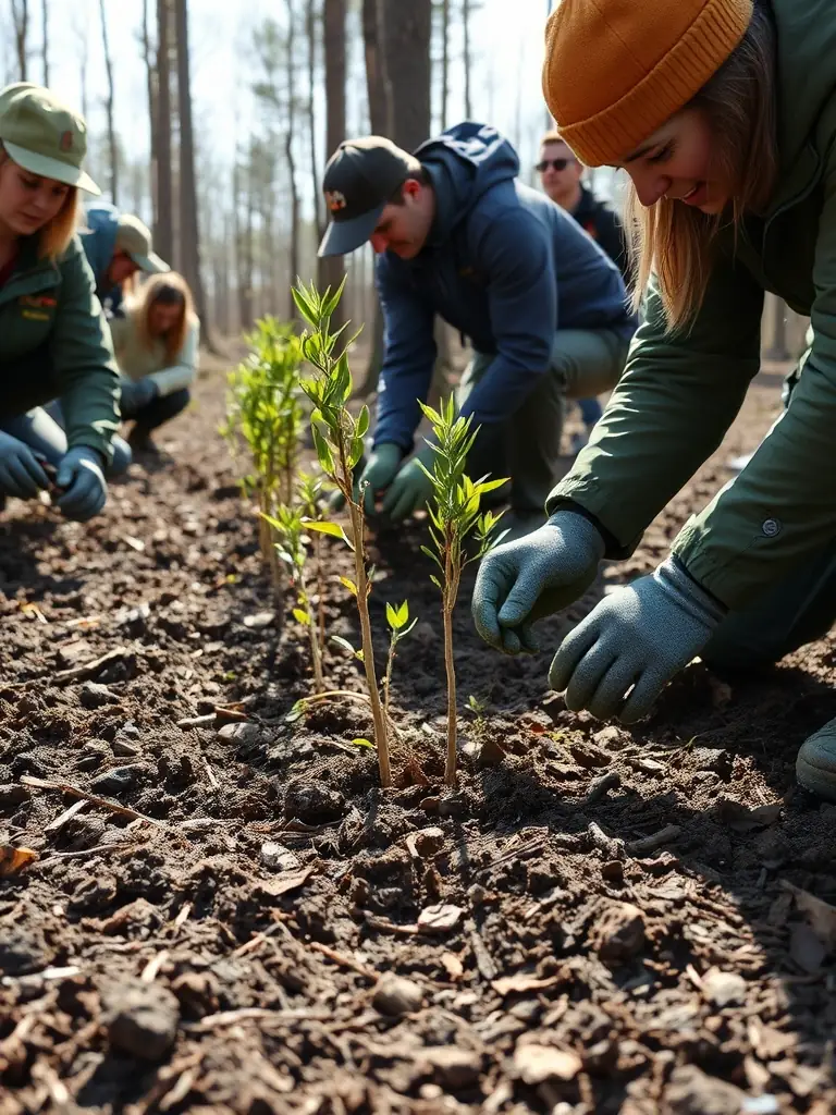 A group of volunteers planting trees in a deforested area, symbolizing community involvement in environmental restoration projects.