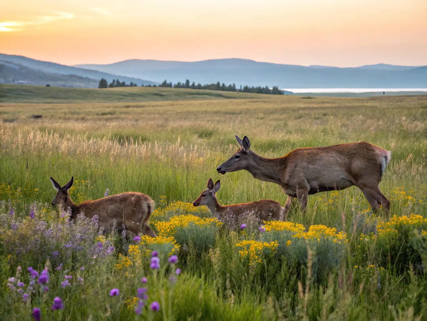 A serene landscape featuring a healthy deer population grazing peacefully in a lush meadow, symbolizing the success of the wildlife replenishment program.