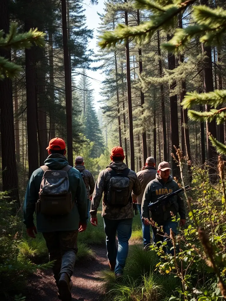 A photograph of association members on patrol in a forest, equipped with binoculars and radios, actively engaged in anti-poaching efforts.