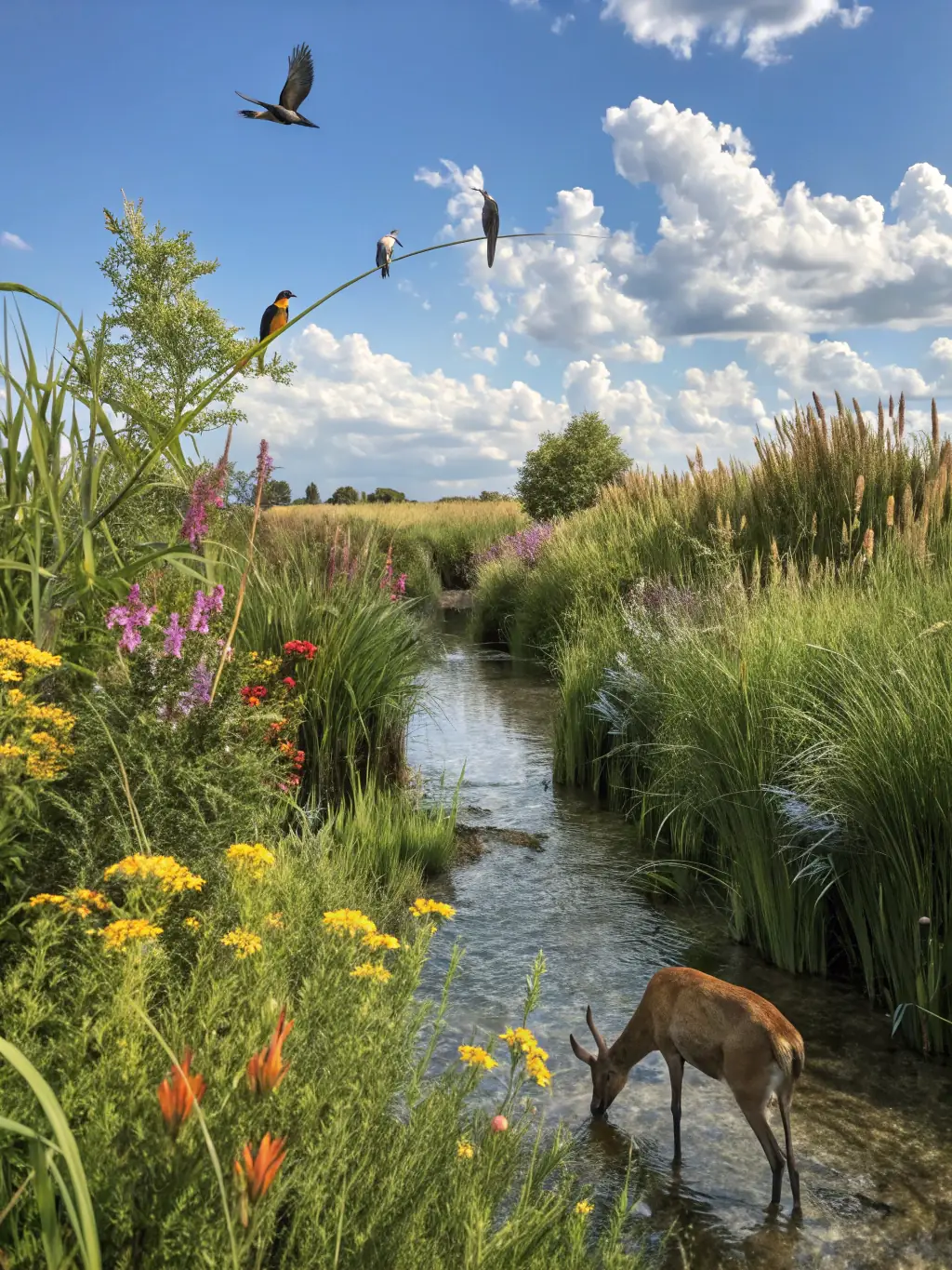 A vibrant image of wildlife in their natural habitat, showcasing healthy animal populations and lush greenery, representing the Wildlife Replenishment Program.